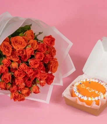 Orange Hand Bouquet and Lunch Box Cake Bundle