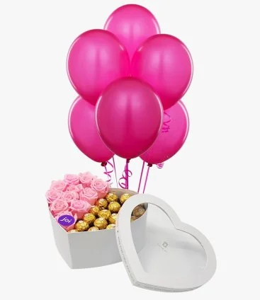 Pink Roses with Choco Heart-Shaped Box  & Balloons Bundle