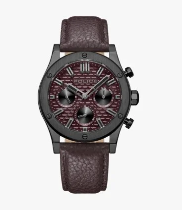 Polysh Men's Watch with Brown Genuine Leather Strap & Burgundy Dial by Police