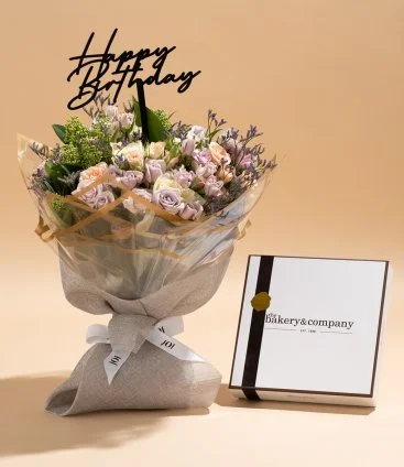 Premium Chocolate Tablets with Happy Birthday Flower Bouquet