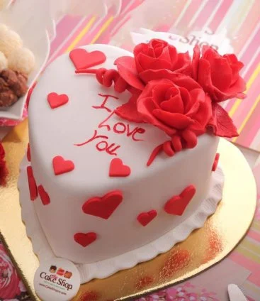  White Heart with Red Flowers Cake by The Cake Shop 