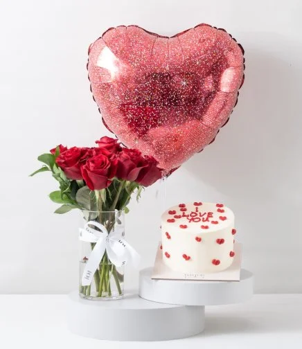 12 Roses Arrangement, I Love You Cake & Red Glitter Foil Balloon Bundle