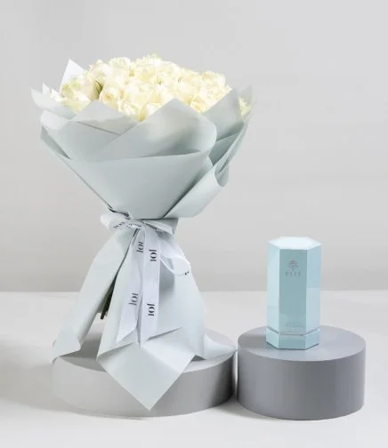 50 White Roses Hand Bouquet & Summer Tiffany by Reef Perfumes Bundle