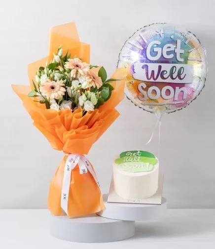 Elegant Blossom Hand Bouquet, Get Well Soon Cake & Balloon Bundle