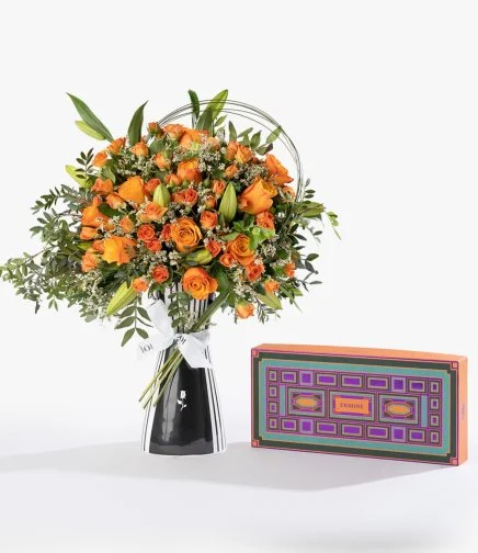 Orange Roses Flower Arrangement by Forever Rose with Ermine Macarons