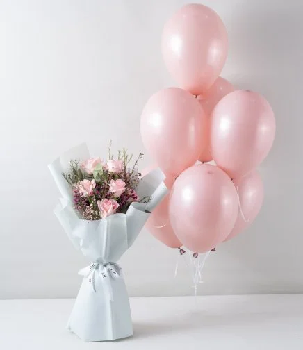 Petal Whisper Hand Bouquet & Pink Helium Latex Balloons Bundle