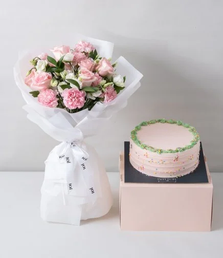 Pink Harmony Hand Bouquet & Confetti Birthday Cake Bundle