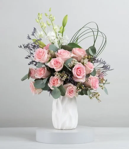 Pink Roses with White Vase Flower Arrangement