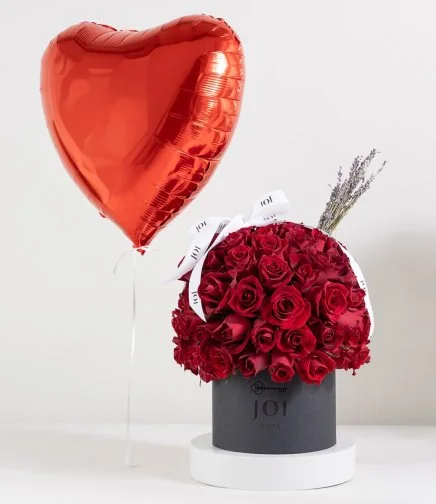 Red Rose Dome Flower Arrangement and Red Heart Helium Foil Balloon Bundle