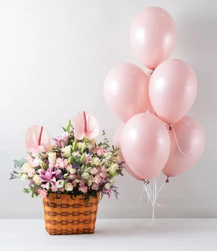The Garden Flower Basket & Pink Helium Latex Balloons Bundle