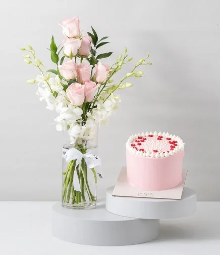 The Pink Elegant Twist Roses Arrangement & Drama Queen Cake Bundle