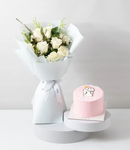 White Orchid Elegance Hand Bouquet & Drama Queen Flork Cake Bundle