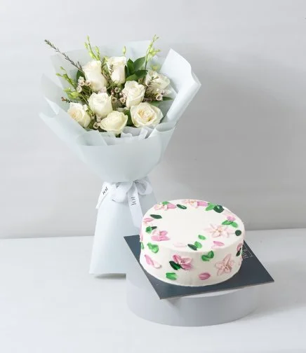 White Orchid Elegance Hand Bouquet & Flowers Cake Bundle