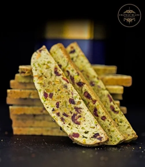 Roasted Pistachio Cranberry Biscotti by Chateau Blanc 