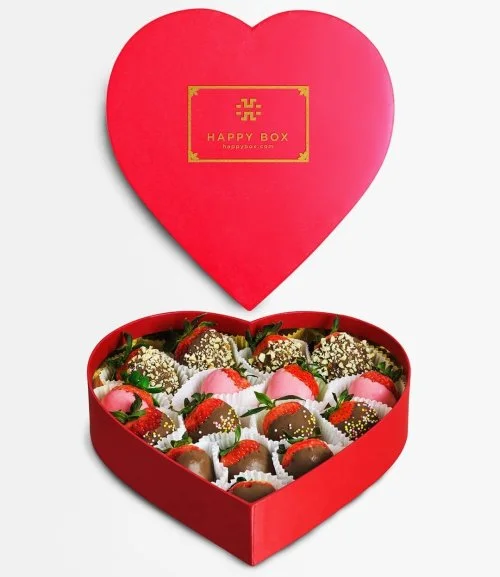 صندوق فراولة بالشوكولاتة بشكل قلب أحمر (16 قطعة) 