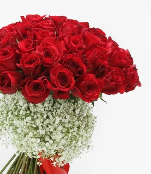 50 Red Roses Bouquet With Gypsophila