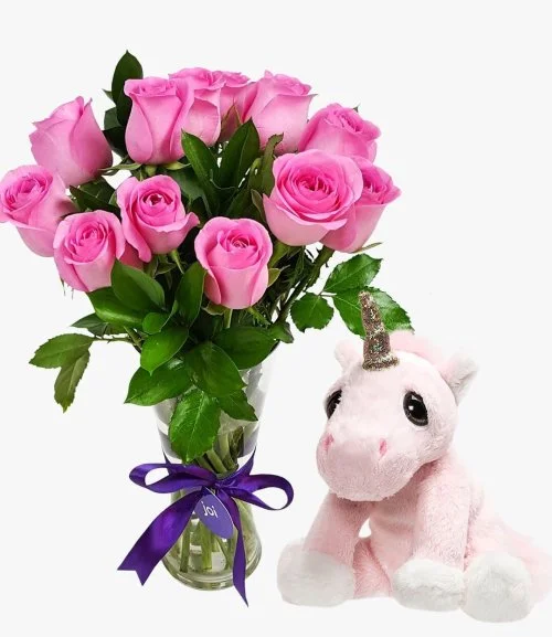 دمية وحيد القرن توينكل من LP (ص) وباقة من الورود الوردية 