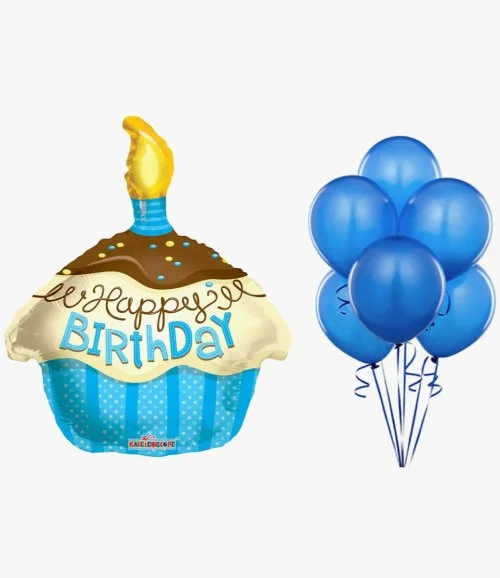 Blue Cupcake Balloon and 6 Blue Balloons