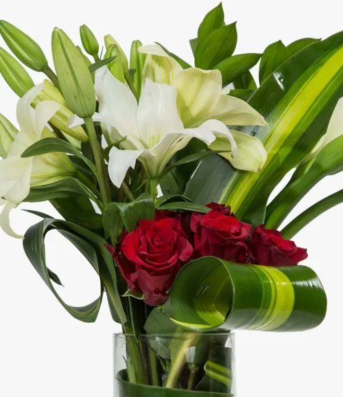 Red Rose and White Lily Arrangement