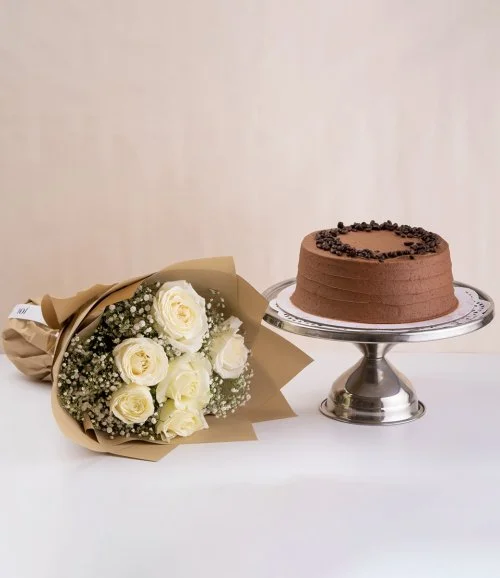 Mocha Cake & White Roses Bouquet by Sugar Daddy's Bakery 