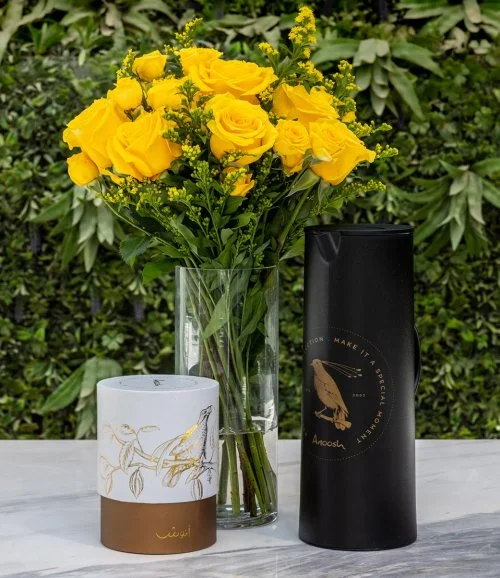 The Sunny One Roses Arrangement with  Saudi Coffee Box and Dalah Coffee by Anoosh