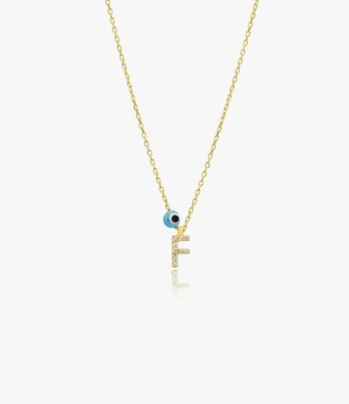 Gold Necklace Decorated With Letter F and Blue Bead by NAFEES