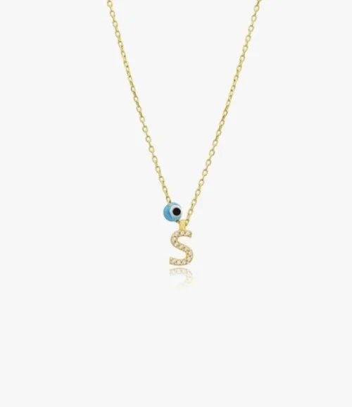 Gold Glittery Necklace With the Letter S and Blue Bead by NAFEES