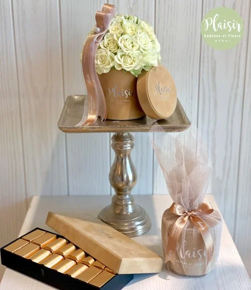 Beige Mini Rose Dome With Chocolates & Candle By Plaisir