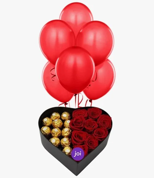 Red Roses with Choco Heart-Shaped Box & Balloons Bundle