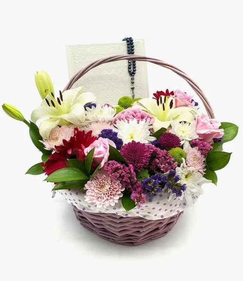 Blooming Flowers with Quran Arrangement (White)