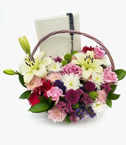 Blooming Flowers with Quran Arrangement (White)