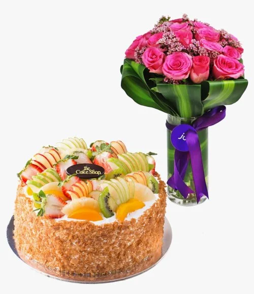 Fruit Cake & Flowers Gift Bundle