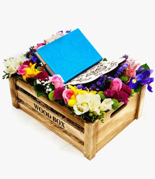 Colored Quran with Stand Flower Arrangement - Blue
