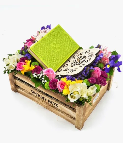 Colored Quran with Stand Flower Arrangement - Green