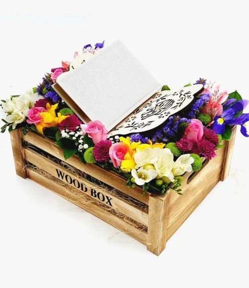 Colored Quran with Stand Flower Arrangement - White
