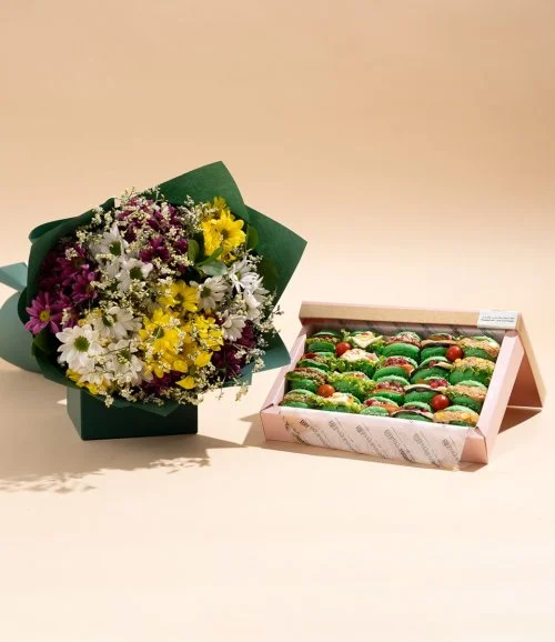 Colorful Carnations Hand Bouquet & National Day Mini Sandwiches by Bakery & Company