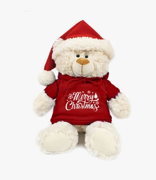 Cream Bear 38cm with Santa Hat and Hoodie with Merry Christmas Print by Fay Lawson