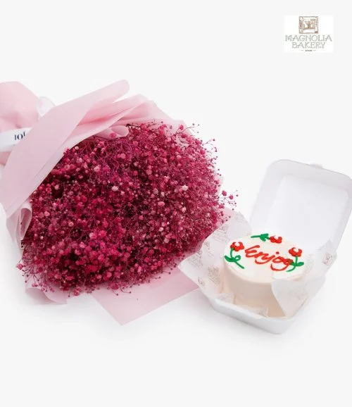 Enjoy Lunch Box Cake And Pink Gypsophila Flowers Bundle