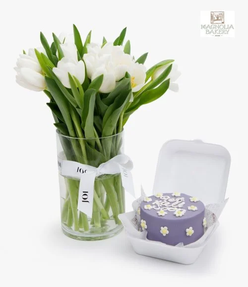 Get Well Soon Lunch Box Cake And Tulips Flowers Bundle
