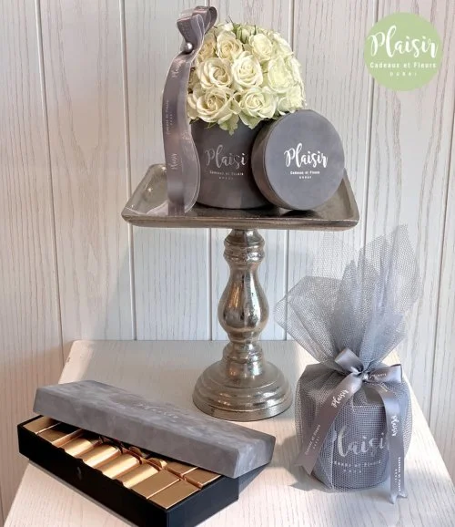 Grey Mini Rose Dome With Chocolates & Candle By Plaisir