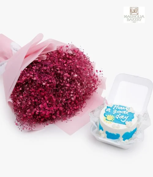 Have A Nice Day Lunch Box Cake And Pink Gypsophila Flowers Bundle