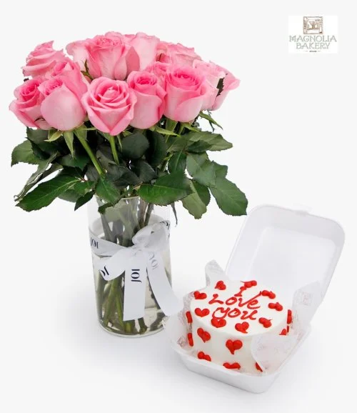 I Love You Lunch Box Cake And Pink Roses Flowers Bundle