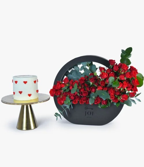 Modern Leather Box of Red Roses with Cute Hearts Cake By Bakery and Co
