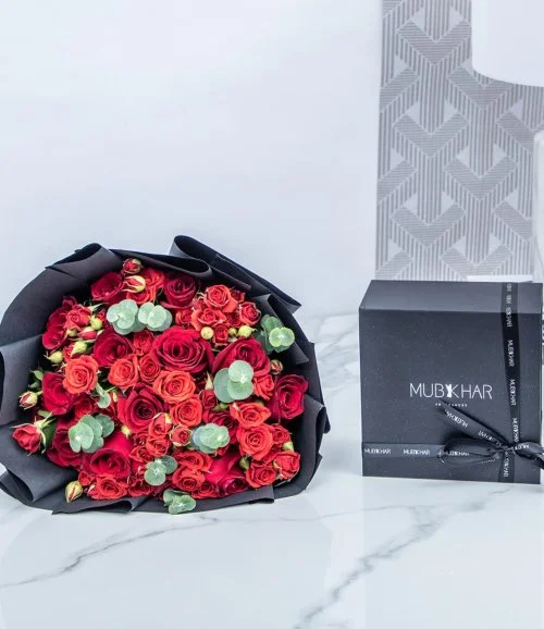 Mubkhar Bundle with Red Roses Arrangement