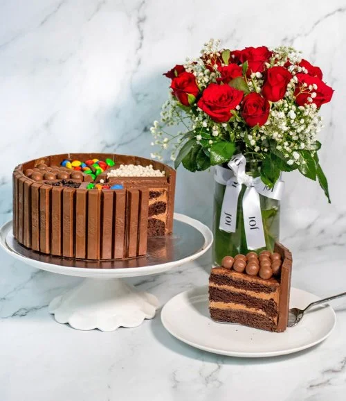 Multi Barrel KitKat Cake & Red Roses Bundle by Secrets