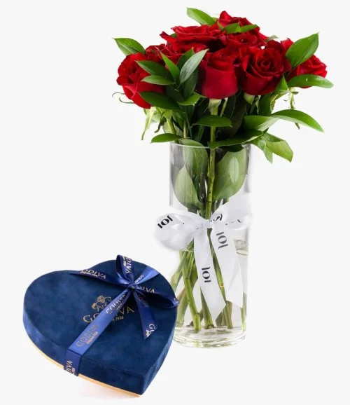 Navy Blue Chocolate by Godiva and Red Rose Bundle
