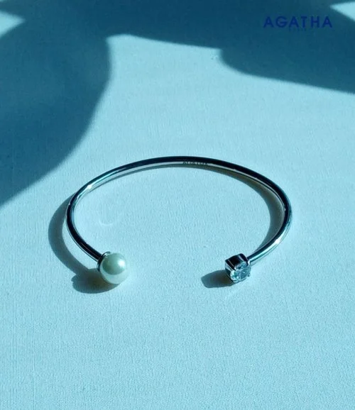 Open Rigid Bracelet With Round CZ and Pearl