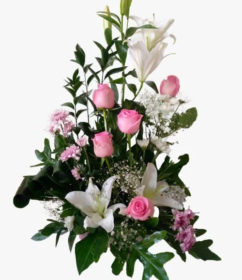 Pink Roses And White Lilies