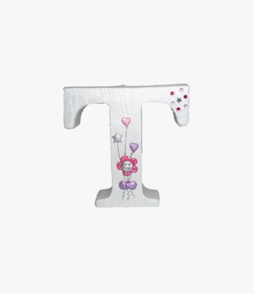 Pink Smiley Flower Letter Candle - T