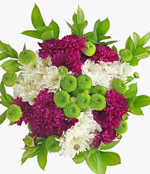 Purple White Green Chrysanthemum Hand Held Arrangement
